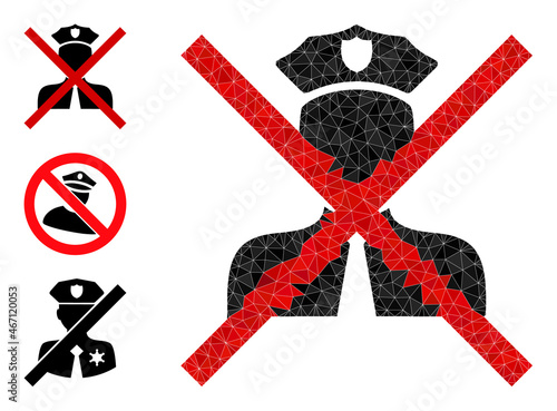 Low-poly cancel policeman icon, and other icons. Polygonal cancel policeman vector is filled with chaotic triangles. Flat geometric 2d modeling illustration based on cancel policeman icon.