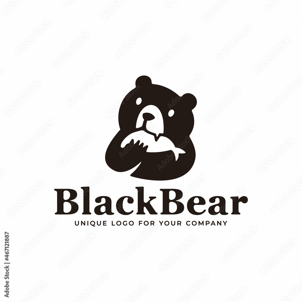 Creative unique bear eats fish logo design template.