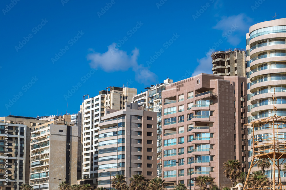 Residential buildings seen from a Ramlet al Baida beach on Mediterranean coast in Beirut capital city, Lebanon