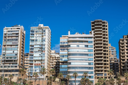 Apartment houses seen from Ramlet al Baida beach on Mediterranean coast in Beirut capital city of Lebanon