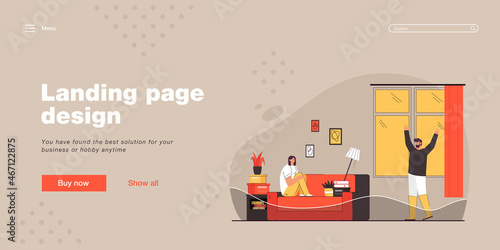 Woman sitting on sofa and crying because of broken water pipe. Water flooding in house flat vector illustration. Plumber in rubber boots cheering up his wife. Overflow, family, home concept