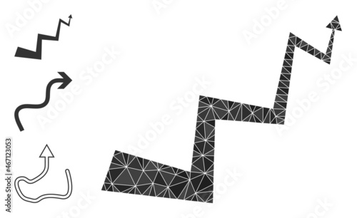 Low-poly curve arrow icon, and bonus icons. Polygonal curve arrow vector combined with chaotic triangles. Flat geometric polygonal illustration is designed by curve arrow icon.