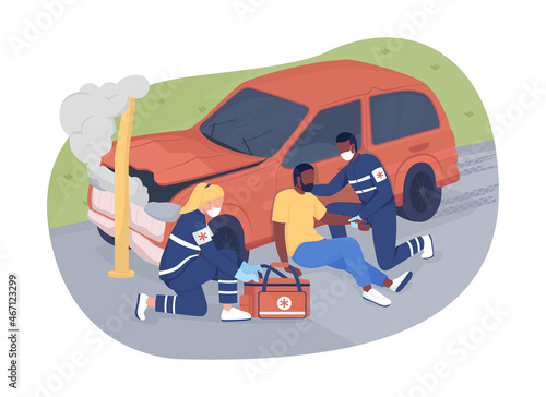 Emergency medical service 2D vector isolated illustration. Paramedics providing immediate medical treatment flat characters on cartoon background. Emergency personnel. Accident on road colourful scene
