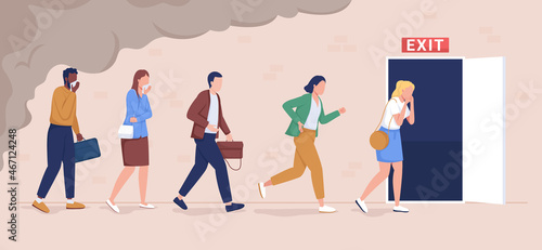 Photographie Office workers evacuation from building flat color vector illustration