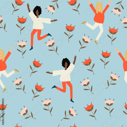 Cute decorative background with dancing women. Vector seamless pattern. Active women workout design. Seamless pattern