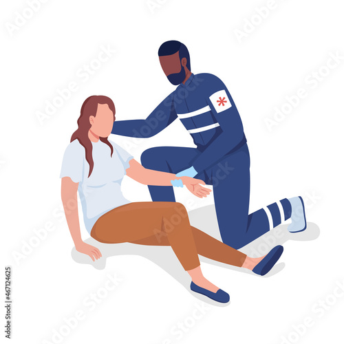 Ambulance professional providing treatment semi flat color vector characters. Full body people on white. Emergency care isolated modern cartoon style illustration for graphic design and animation