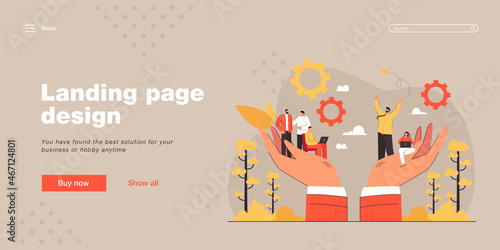 Hands holding team of tiny business persons. Social help or support for workplace community flat vector illustration. Employee care, wellbeing, people management concept for banner, website design