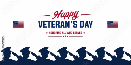 Vector Happy Veterans Day Greetings. Respect all who serve. With star, American flag and army silhouette elements. We are proud.
