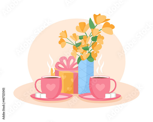 Hosting tea party on birthday 2D vector isolated illustration. Party food and treats flat composition on cartoon background. Relaxed atmosphere. Drinking tea with friends colourful scene