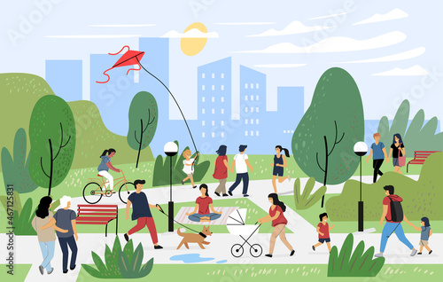 People at park walk leisure outdoor summer time. Cartoon vector characters