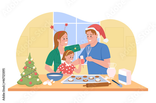 Festive baking 2D vector isolated illustration. Winter season cooking. Preparing for Christmas together. Family recreation flat characters on cartoon background. Wintertime colourful scene