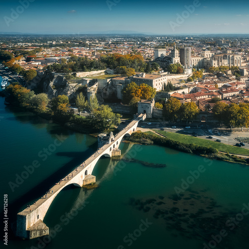 Aerial view of the old city Avignon, Le Pont Saint Benezet and Palais des Papes in Avignon, France photo