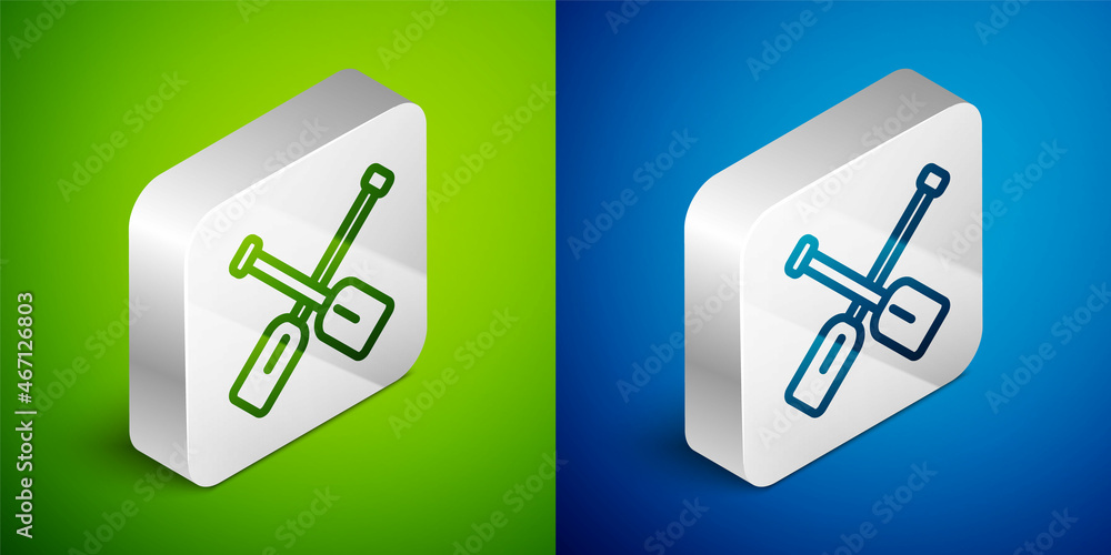 Isometric line Paddle icon isolated on green and blue background. Paddle boat oars. Silver square button. Vector Isometric line Paddle icon isolated on green and blue background. Paddle boat oars. Silver square button. Vector