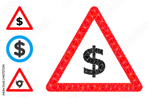 Low-poly dollar warning icon, and similar icons. Polygonal dollar warning vector designed with random triangles. Flat geometric 2d modeling illustration designed by dollar warning icon.