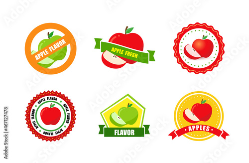 A set of round bright labels with red and green apples. Red apple in a circle sticker Apple flavor.