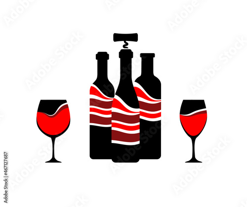 Bottle and glass red wine graphics style. Restaurant alcoholic illustration for design.