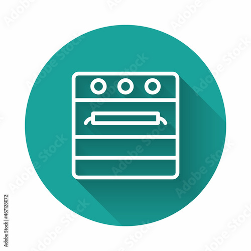White line Oven icon isolated with long shadow background. Stove gas oven sign. Green circle button. Vector