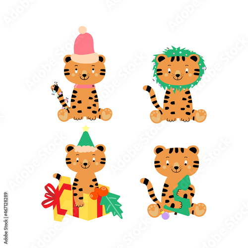 Merry Christmas and happy new year 2022. The year of tiger. Cute animal with christmas tree. Tiger in a gift box. Set of cute tiger.
