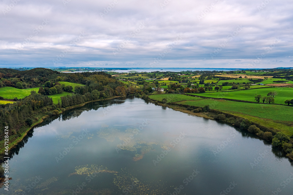 aerial view of cloudy lough money Northern Ireland countryside