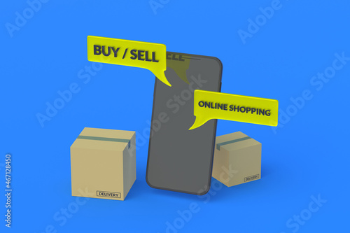 Smartphone with words online shopping near cardboard boxes. E-commerce concept. Internet shop. Package tracking. Modern technologies. 3d rendering