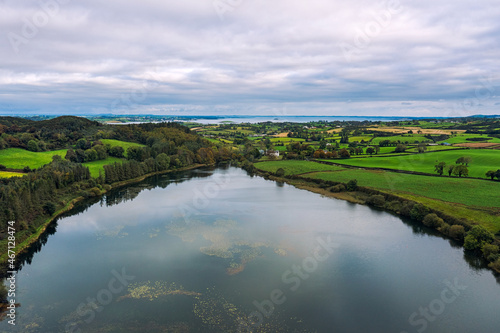 aerial view of cloudy lough money Northern Ireland countryside
