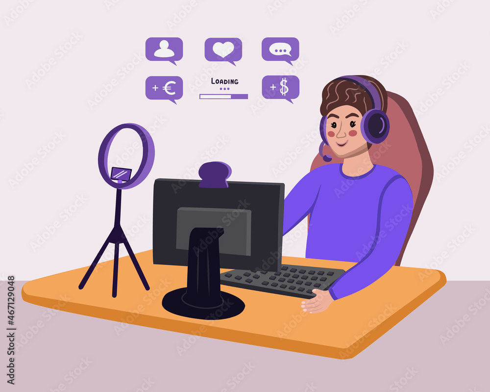 video game streamer Vector Illustration. E-sport gamer live streaming online videogame play and viewer with computer. E-sports streaming, live game show, online streaming business concept. video game streamer Vector Illustration. E-sport gamer live streaming online videogame play and viewer with computer. E-sports streaming, live game show, online streaming business concept.