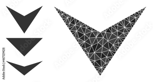 Low-poly arrowhead down icon, and similar icons. Polygonal arrowhead down vector is designed from scattered triangles. Flat geometric mesh symbol is designed by arrowhead down icon.