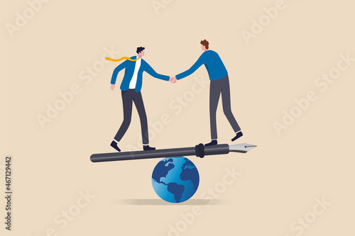 Fototapeta Diplomacy, world agreement or treaty between countries, global partnership, politics or world peace contract signing concept, businessman world leader handshake on fountain pen seesaw on world globe
