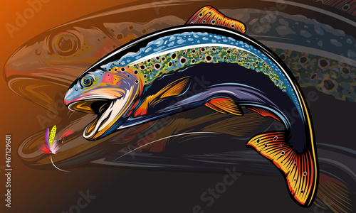 Rainbow trout jumping out water.Salmon isolated on white background. Concept art for horoscope, tattoo or colouring book.