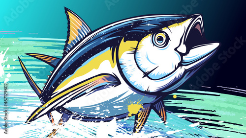 Tuna big fishing on white logo illustration. Vector illustration can be used for creating logo and emblem for fishing clubs, prints, web and other crafts.