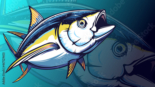 Tuna big fishing on white logo illustration. Vector illustration can be used for creating logo and emblem for fishing clubs, prints, web and other crafts.