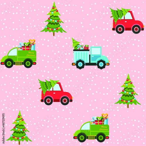 Christmas tree and toy car. Vector illustration in a childish hand-drawn Scandinavian style. 