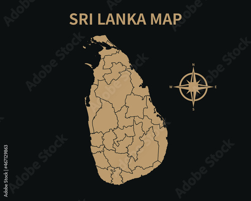 Detailed Old Vintage Map of Sri Lanka with compass and Region Border isolated on Dark background, Vector Illustration EPS 10