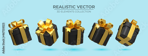 Set of Realistic 3d black gift box with golden ribbons isolated on a blue background 3d render flying modern holiday surprise box. Festive decorative 3d render object Realistic vector decor