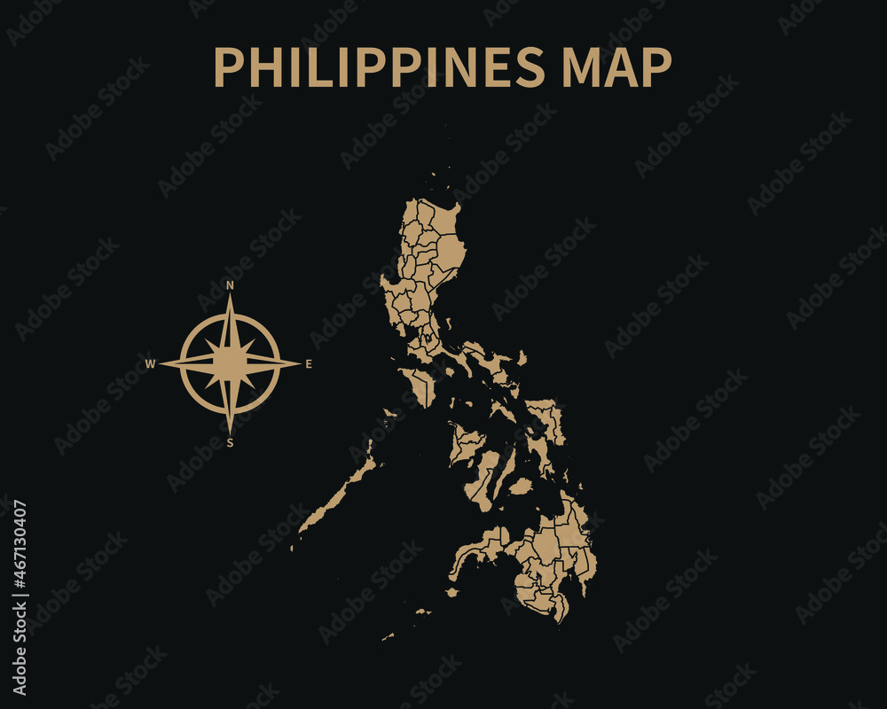 Φωτογραφία Detailed Old Vintage Map of Philippines with compass and Region Border isolated
