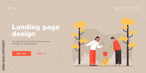 Cartoon students looking at flower through magnifying glass. Cute boy and girl watching plant, young biologists flat vector illustration. Biology, nature, outdoor activity concept for banner