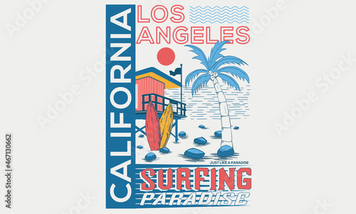 California, los angels vector graphic print design. Beach text with palm tree bird and sun illustrations. For t shirt prints and other uses.