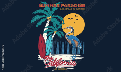 Amazing summer paradise vector  print design. California beach text with bird and sun illustrations. For t-shirt prints and other uses.