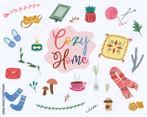Set of hygge elements, attributes, home decorations. Cozy doodle objects. Hand drawn things. Vector illustration.