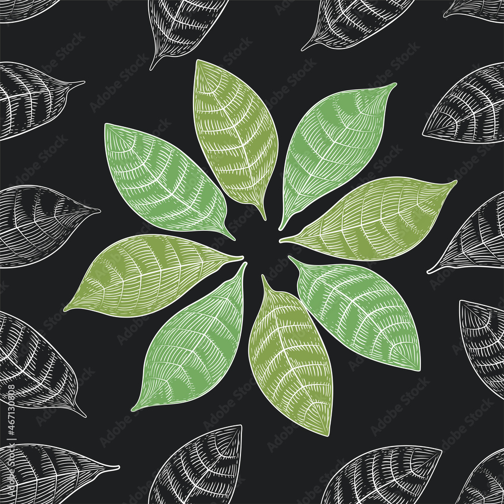 Seamless background made of coffee leaves and decorative round elements made of leaves of tropical plants