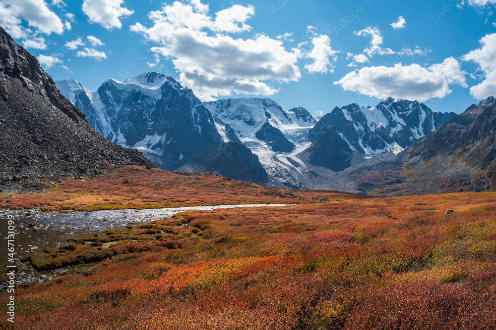 Wonderful alpine landscape with mountain river in valley in autumn colors on background of snowy mountains silhouettes under blue cloudy sky. Beautiful mountain valley in autumn.
