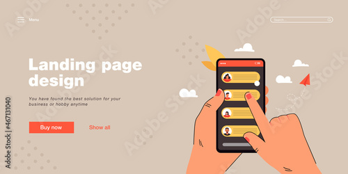 Hand holding mobile phone with chat messages on screen. Finger tapping telephone screen flat vector illustration. Texting with friends online. Smartphone, conversation concept