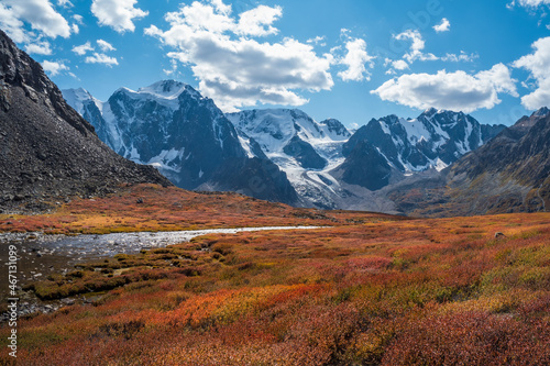 Wonderful alpine landscape with mountain river in valley in autumn colors on background of snowy mountains silhouettes under blue cloudy sky. Beautiful mountain valley in autumn.