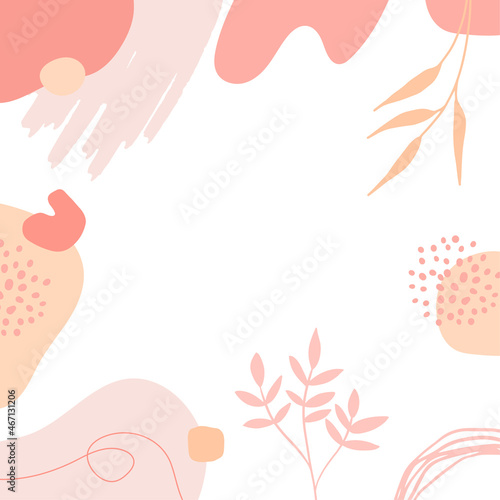 Organic pink brown tan nude floral abstract shapes background with hand drawn texture, brush, leave and minimalist style. Abstract minimal hand drawn background.