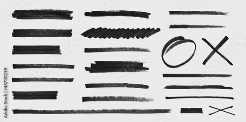 Realistic Rough Black Marker Brush Ink Line Stroke Set Isolated Collection. Grunge Paper Texture. photo