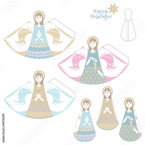 Template for 3D cut out figures of angels with a candle and lamp. Happy Holidays!
