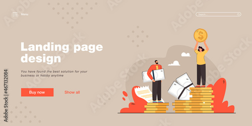 Salary gap between male and female business characters. Man looking at woman standing on higher stack of coins flat vector illustration. Gender equality, finances concept for banner or landing page