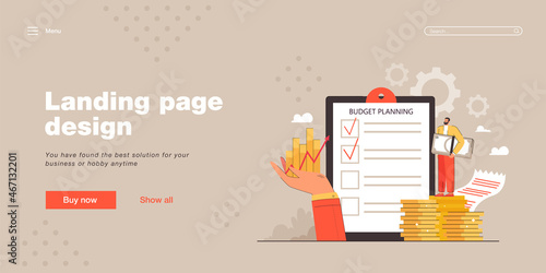 Checklist of budget plan on clipboard flat vector illustration. Tiny man standing on gold coins, holding banknotes, conducting financial audit. Finance company, calculator, money, taxes concept