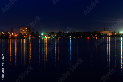 Night view of the Dnieper river and Dnipro city in Ukraine