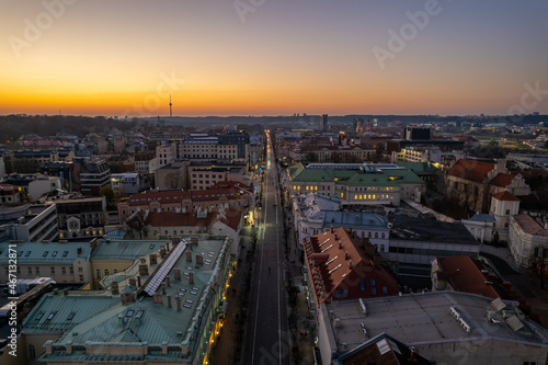 Aerial autumn fall sunset view of Vilnius old town, Lithuania